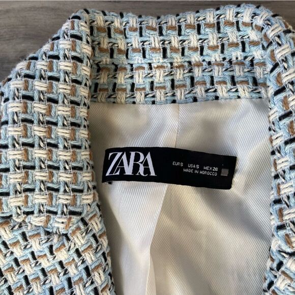 Zara Small Blue Double Breasted Blue Tweed Blazer - Picture 3 of 6